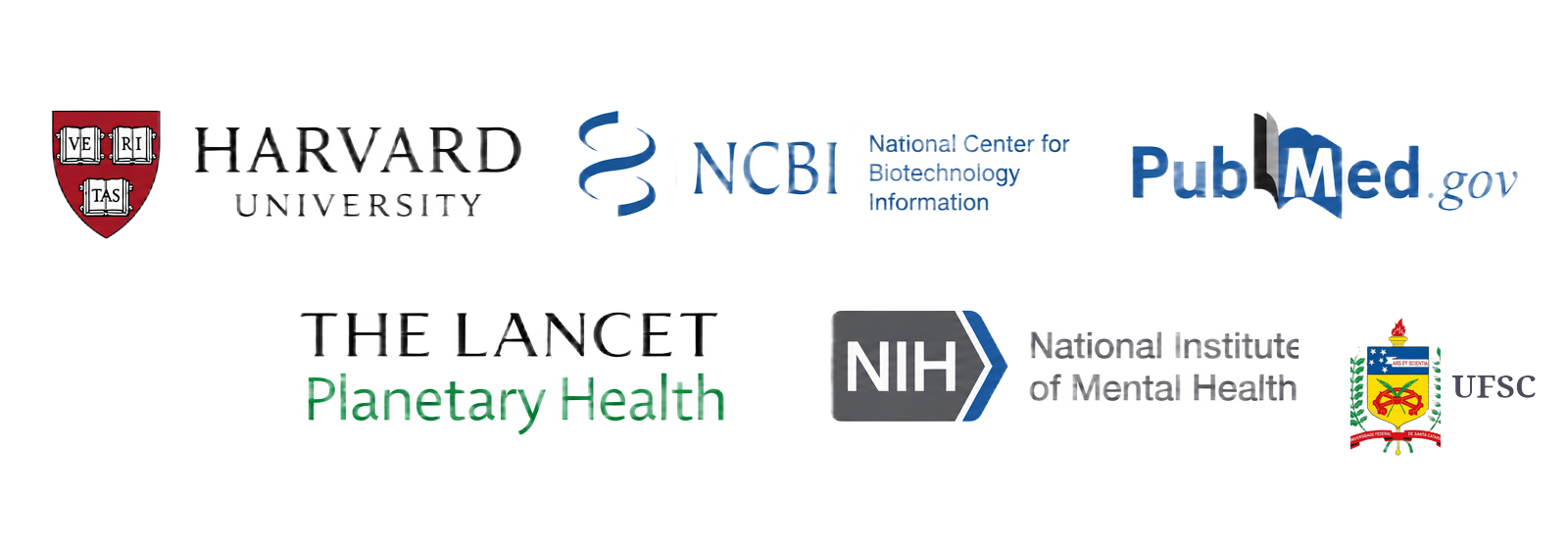 Logos de Harvard University, NCBI, PubMed.gov, The Lancet Planetary Health, NIH e UFSC
